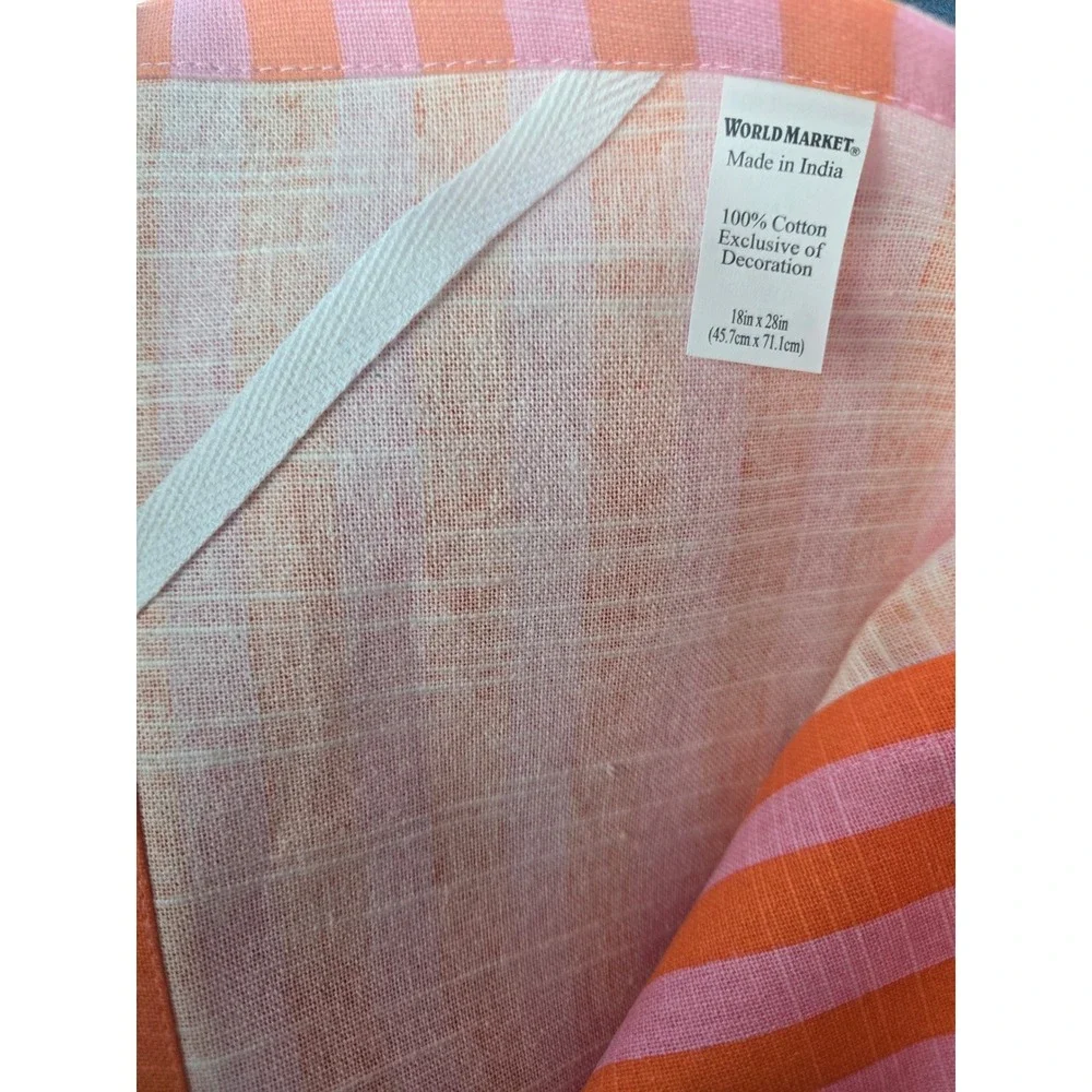 World Market Orange Pink Striped Floral Embroidered Cotton Dish Towel NWT
